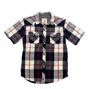 Coastal Mens Western Short Sleeve Shirt M Blue Plaid Pearl Snap‎ Buttons Pockets
